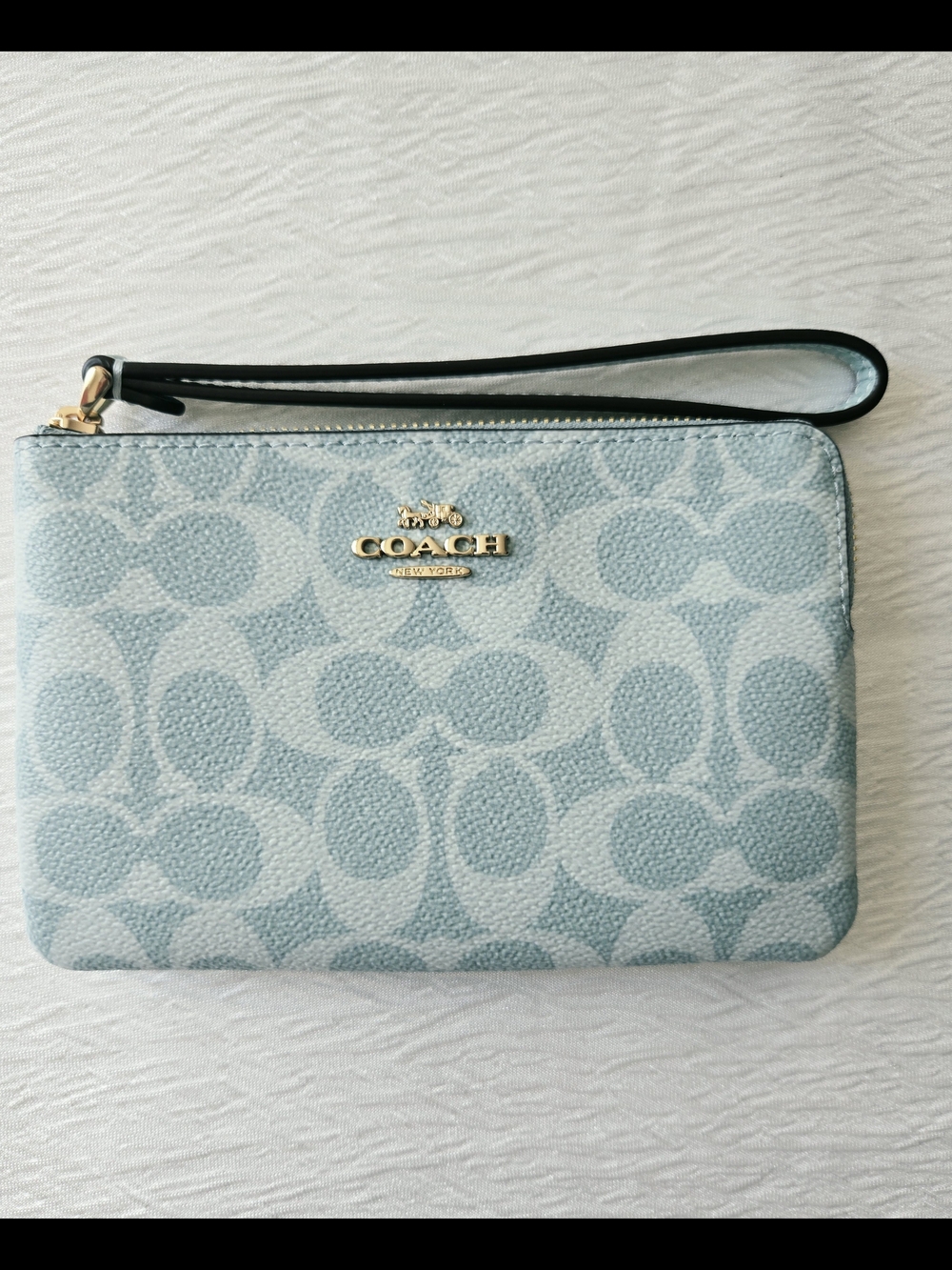 Coach Light Blue Signature Wristlet Clutch with Gold Logo